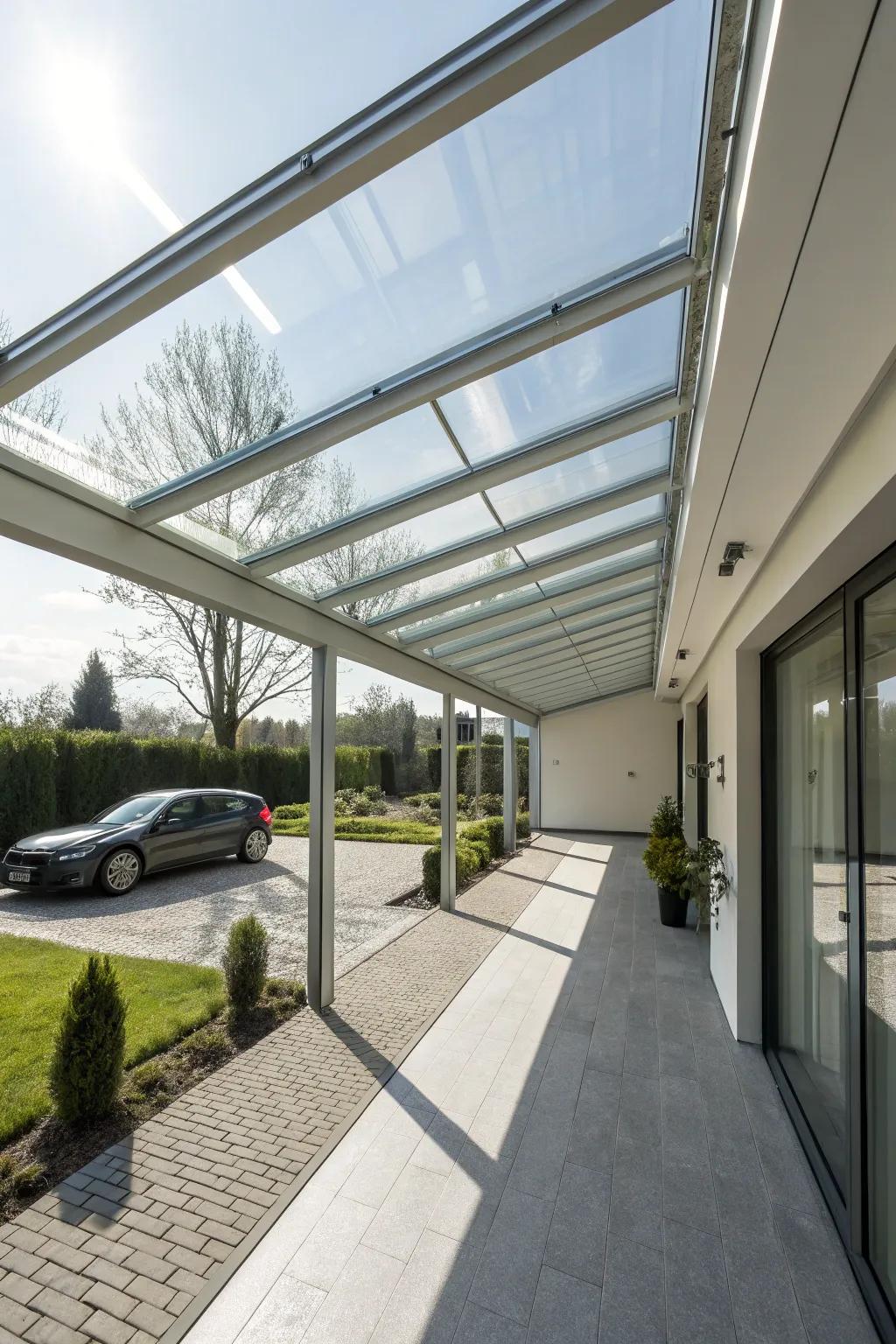 A carport featuring a crystal ceiling, crafting a light-filled and refined ambiance.