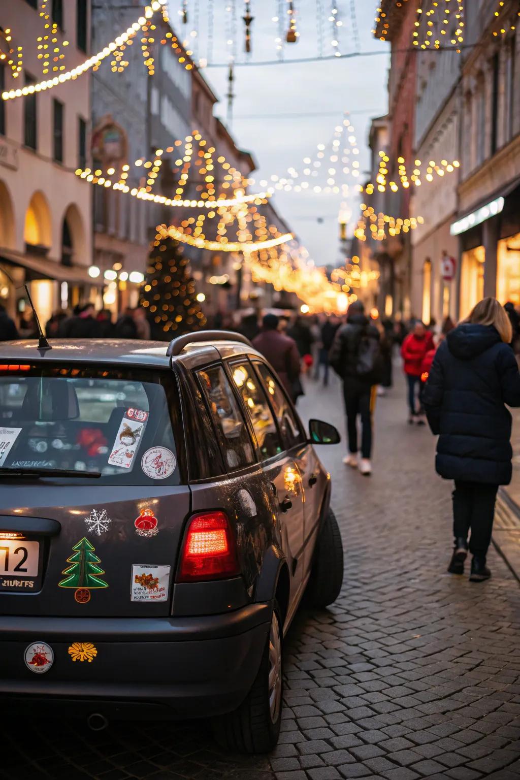 A car with some bumper stickers, sharing holiday cheer on the road.