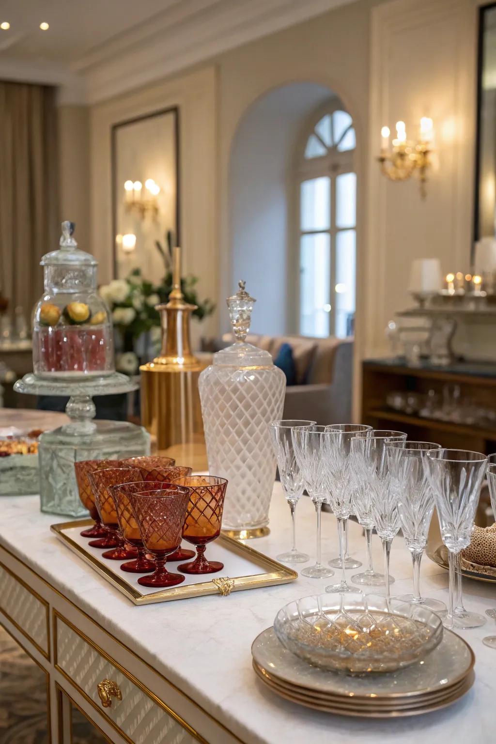 Assorted glassware styles incorporates beauty and interests.