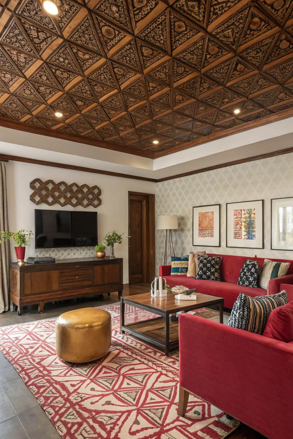 A chamber showcasing a patterned timber ceiling, infusing profundity and intrigue.