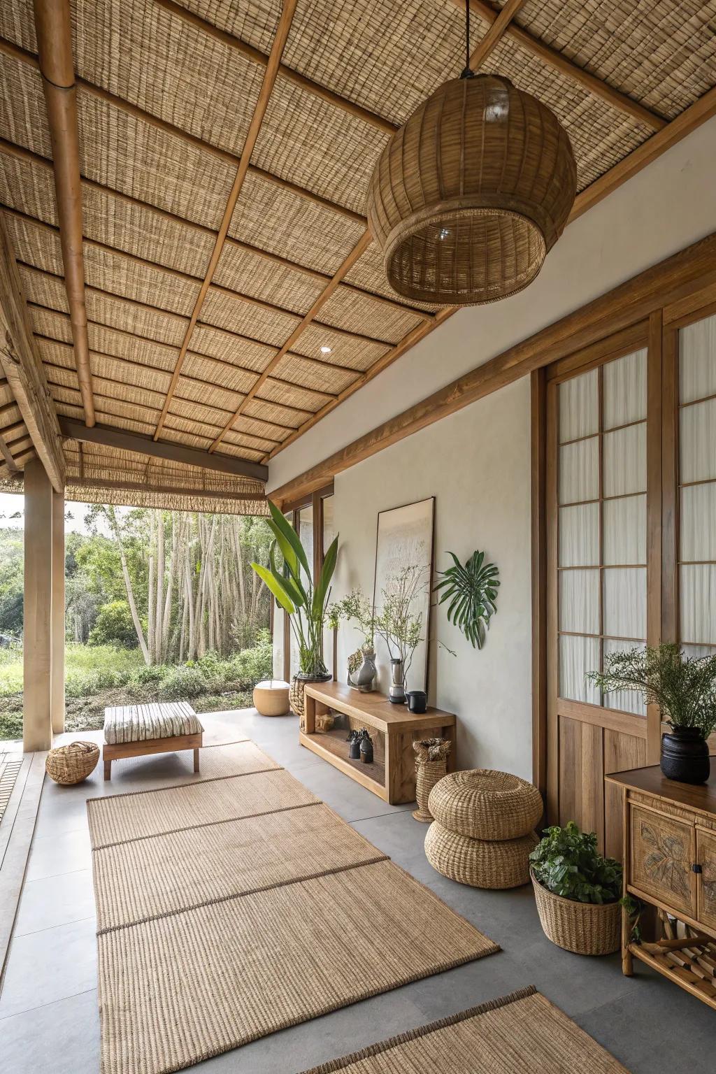 Reed ceiling panels are both stylish and sustainable.