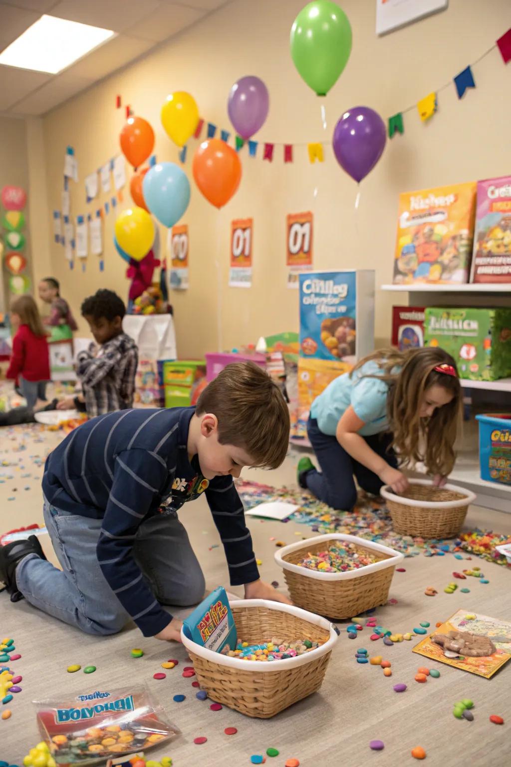 Children engaged in a grain discovery expedition within a festively adorned area.