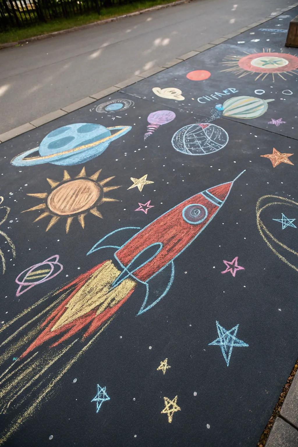 An exhilarating space-themed art stick venture featuring launch vehicles and distant suns.