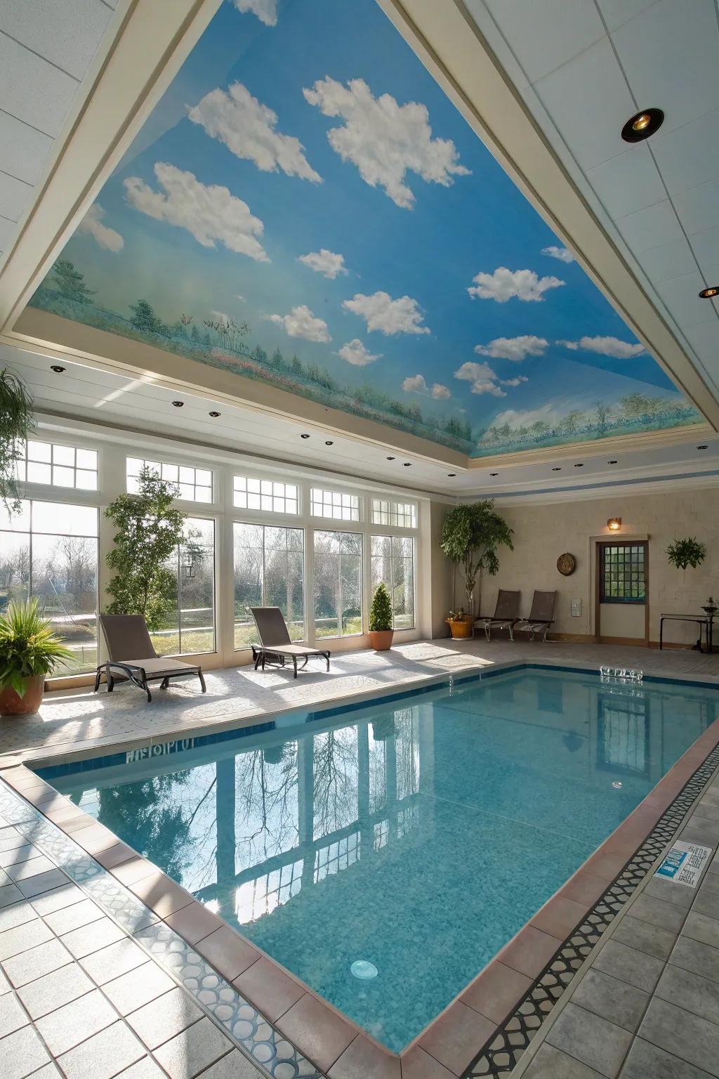 Your pool area gains a whimsical touch from a ceiling mural.