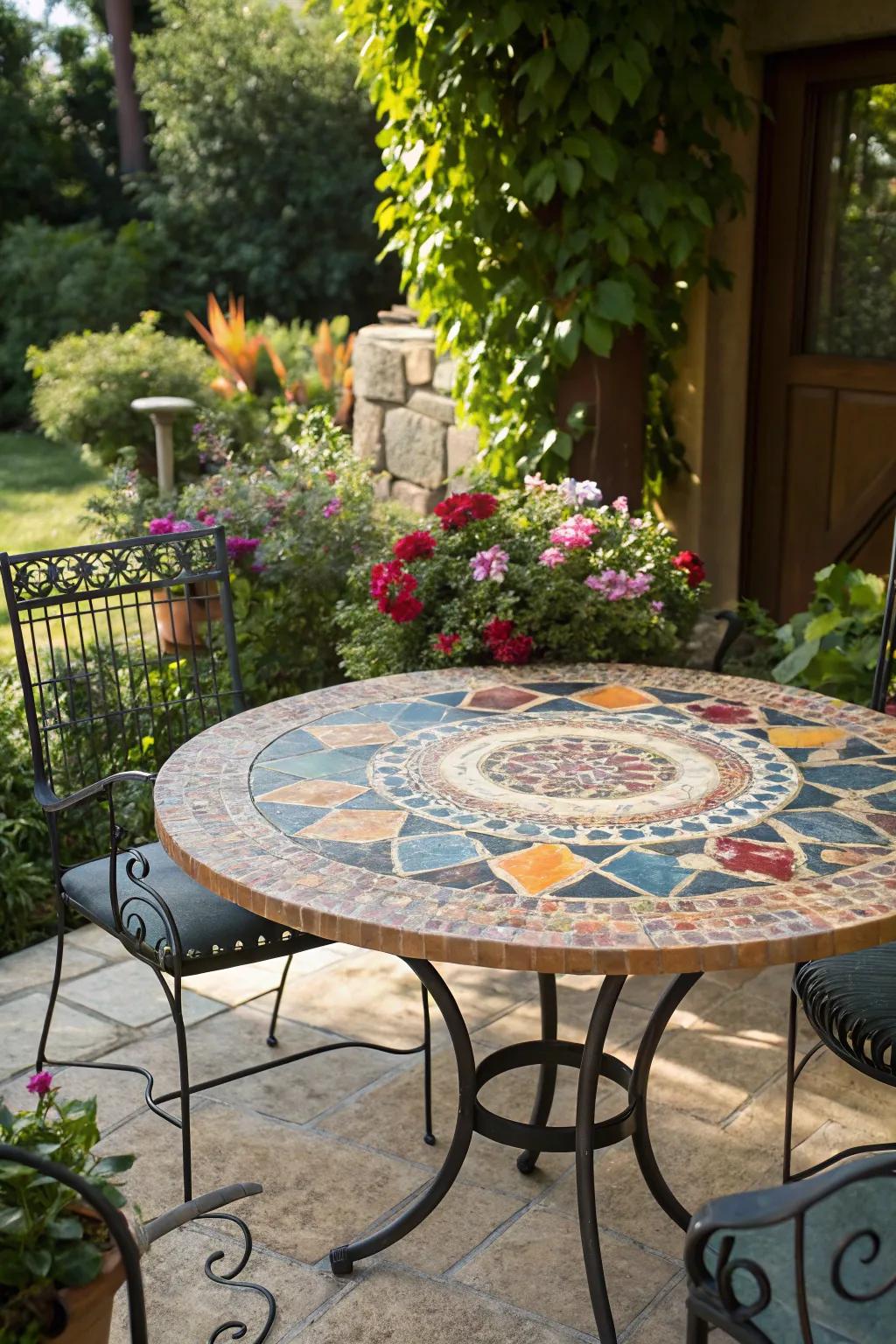 A decorative stone tabletop adds artistic flair to your patio.