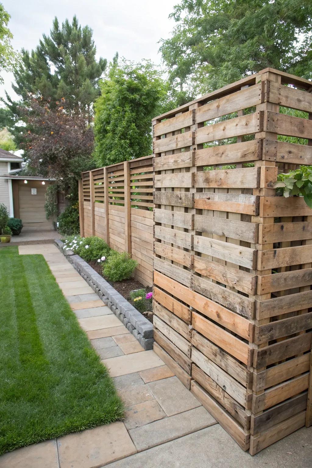 Wood skids deliver a creative and sustainable privacy solution.
