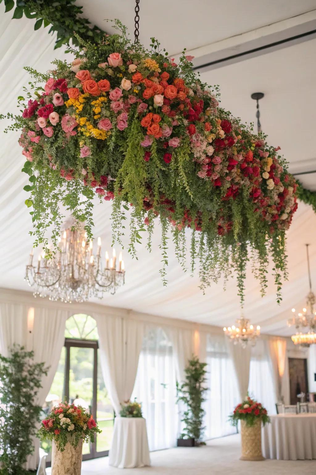 Impressive, budget-conscious dropping flower install at a wedding.