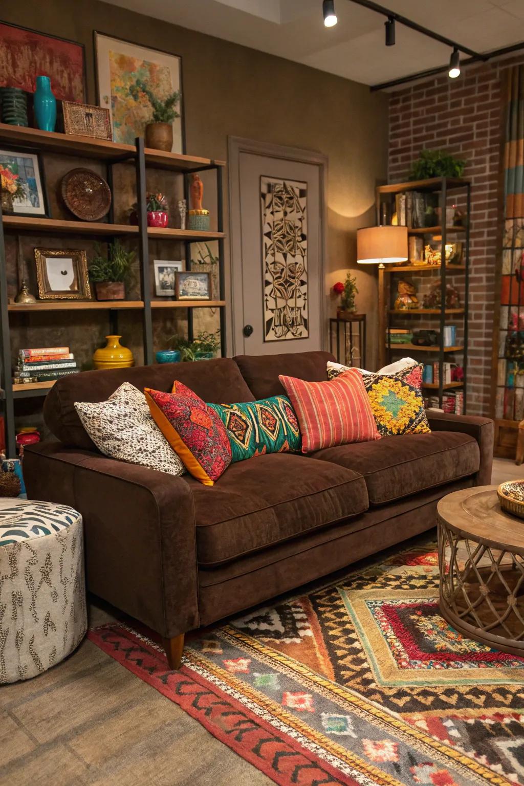 Eclectic maximalism infuses personality and vibrancy into a cocoa sofa arrangement.