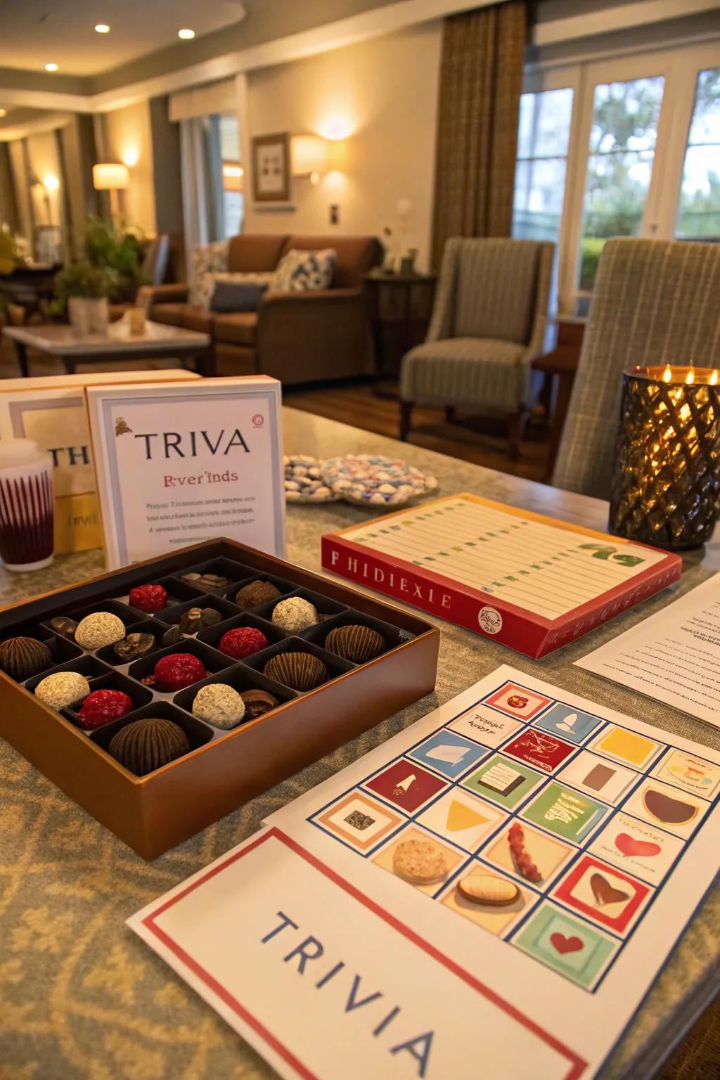 An animated cocoa trivia game setup to amuse invitees.