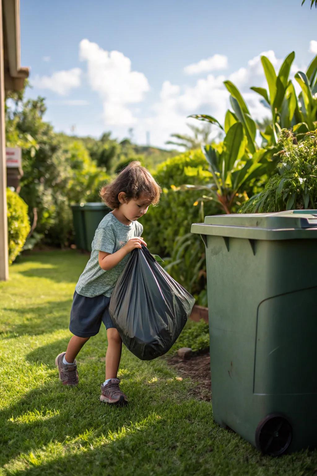 A child taking responsibility for managing waste.