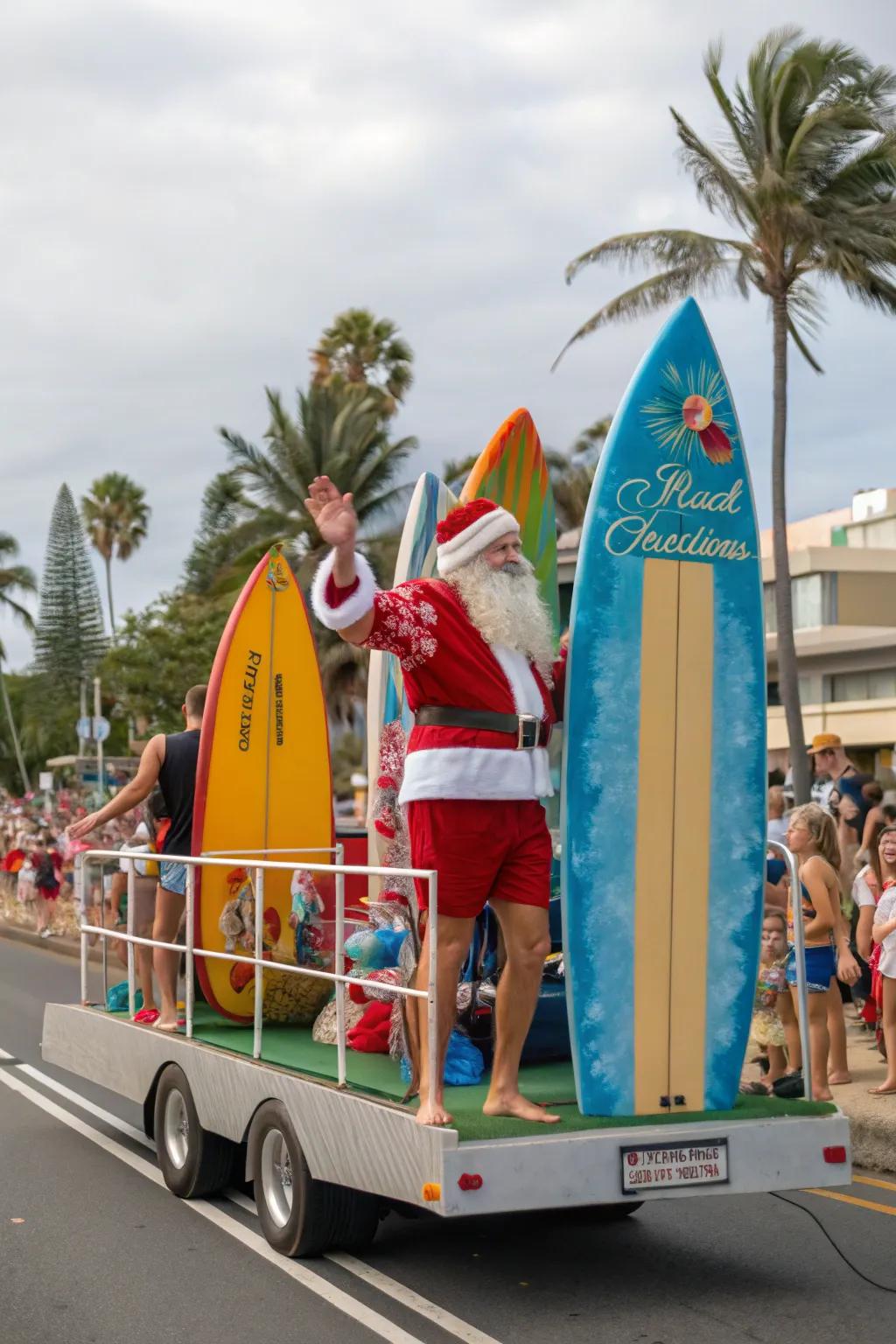 Australian Seaside Christmas float featuring surfboards and warm vibes.