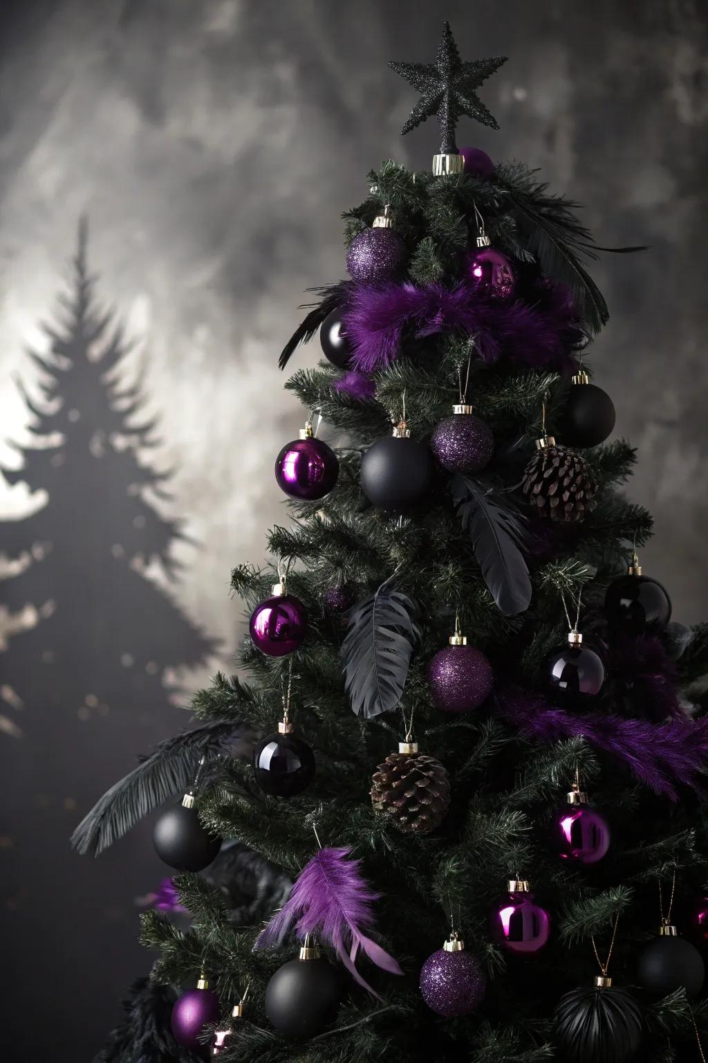 A gothic sophistication Christmas bauble tree for an audacious and striking holiday aesthetic.