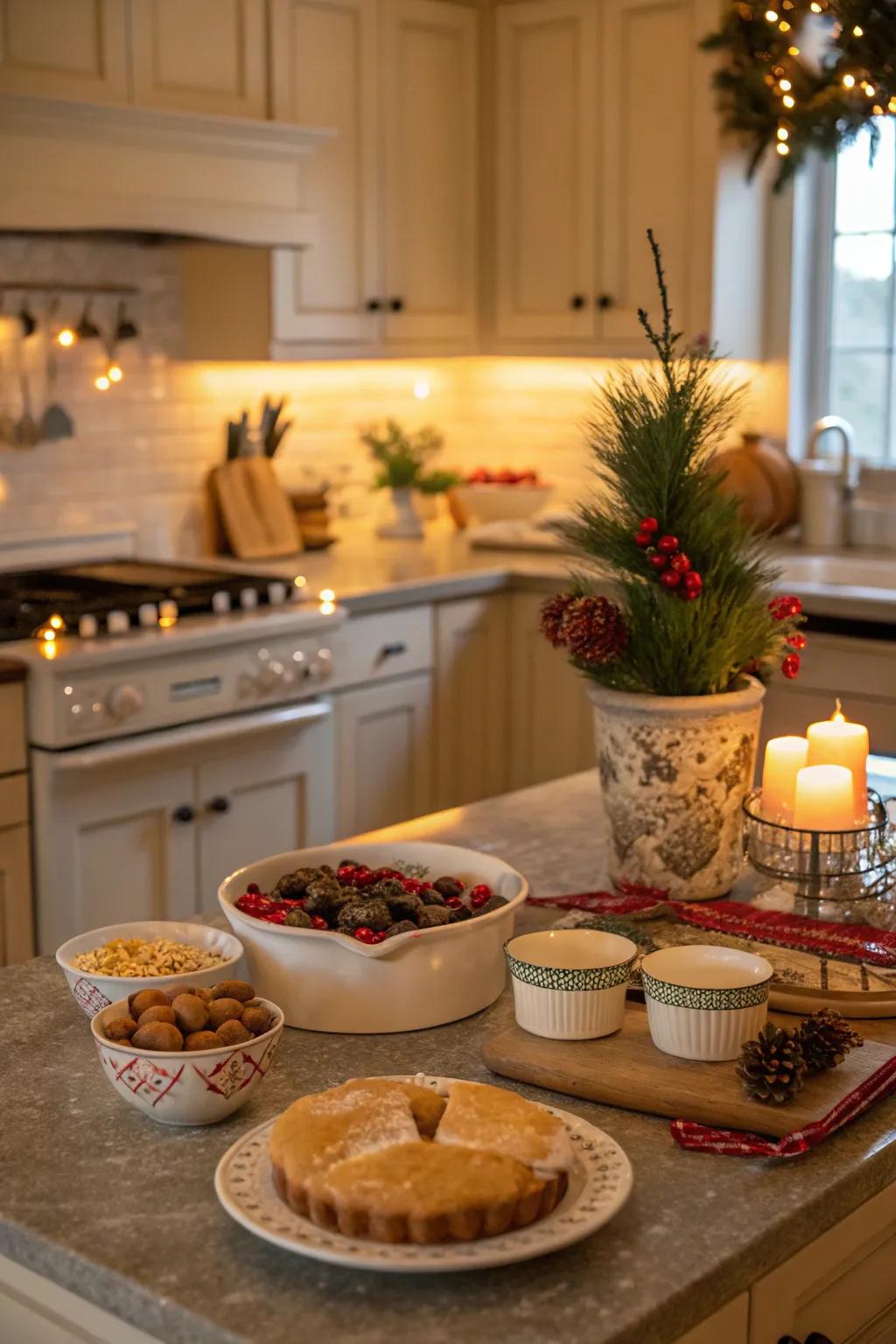 A culinary space permeated with Yuletide merriment by means of seasonal dishware.