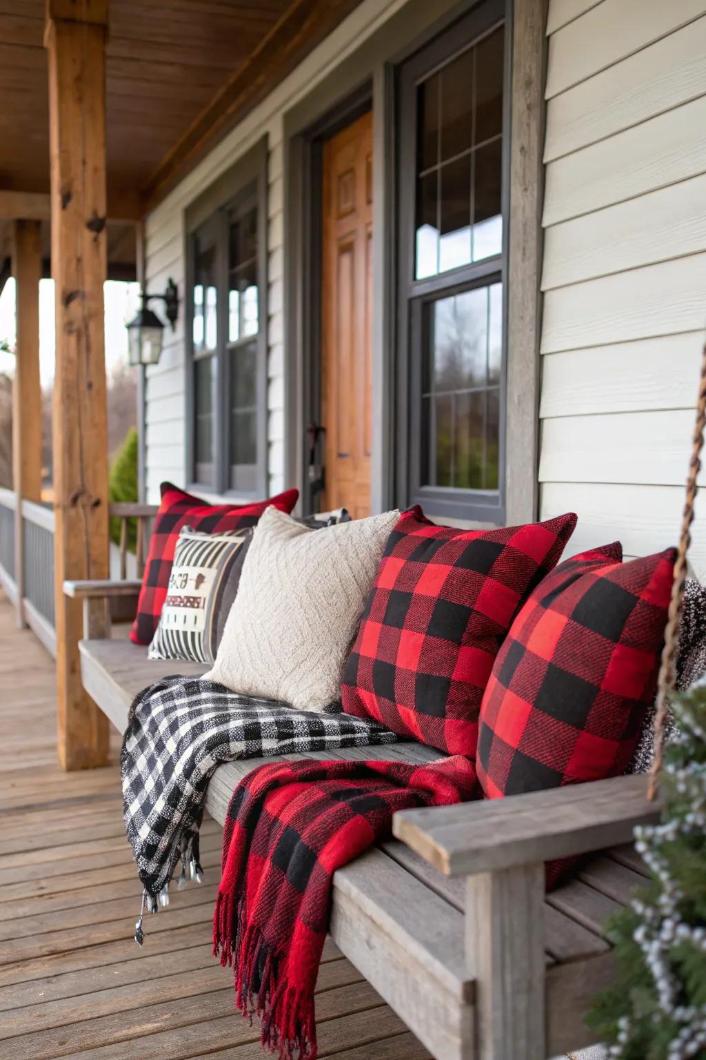Buffalo plaid imparting a rustic touch to the veranda décor.