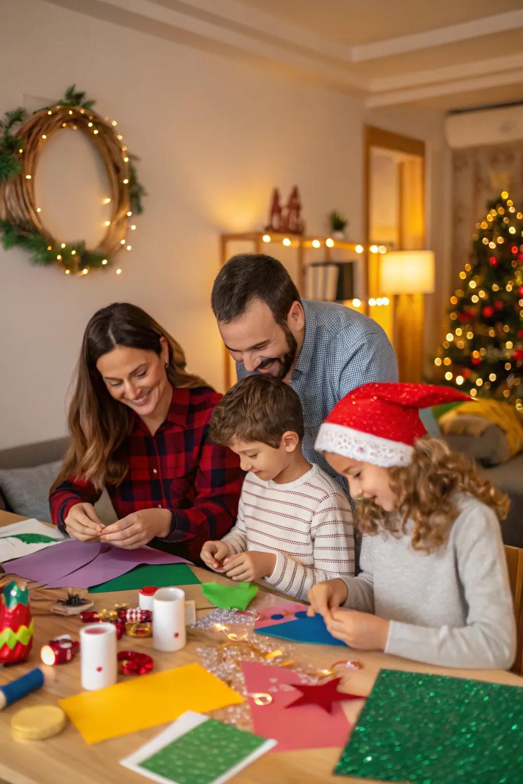A family crafting personalized ornaments, adding a unique touch to their holiday trimmings.