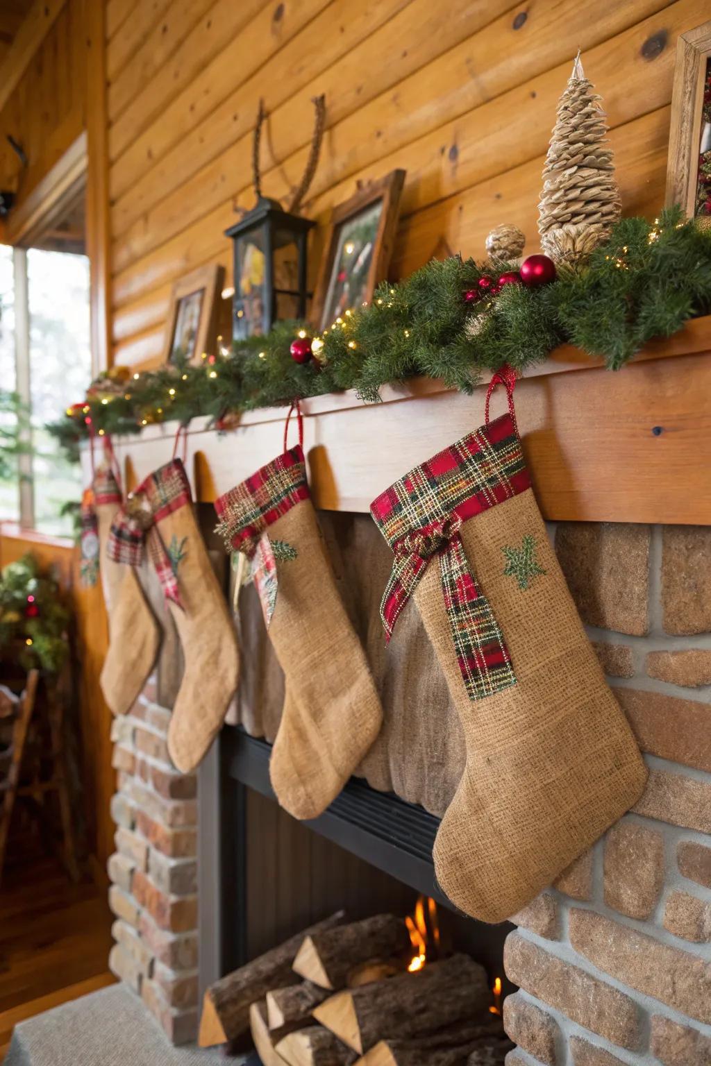 Burlap stockings bring a cozy, farmhouse vibe to your holiday decor.