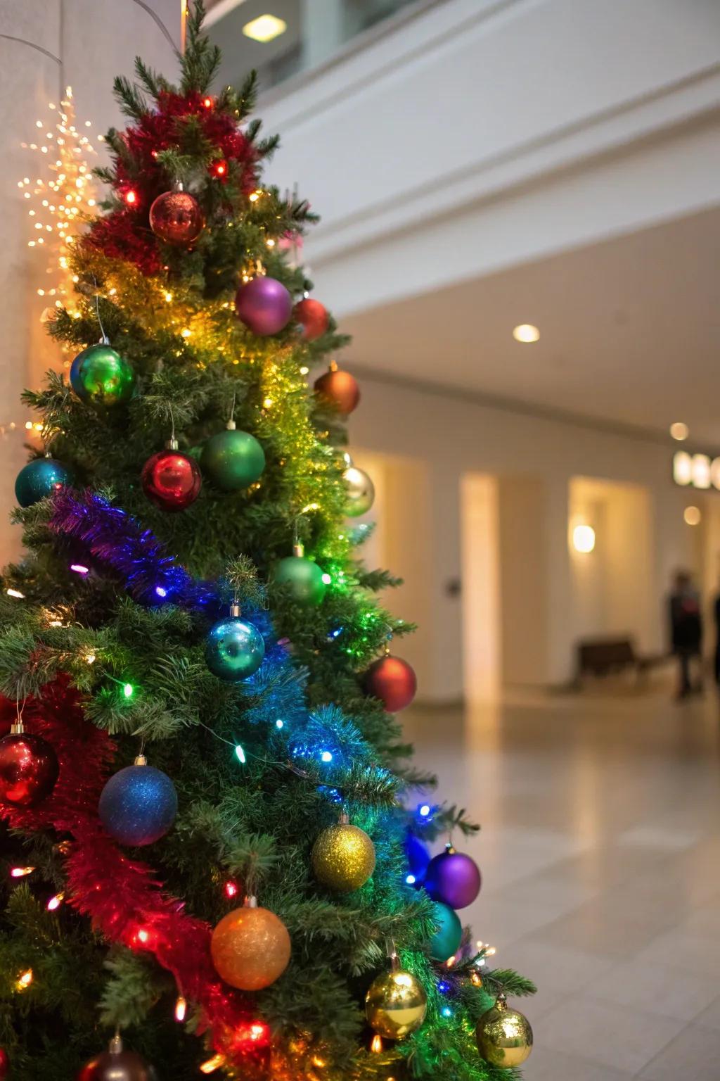 A vibrant spectrum Christmas tree brimming with festive cheer.