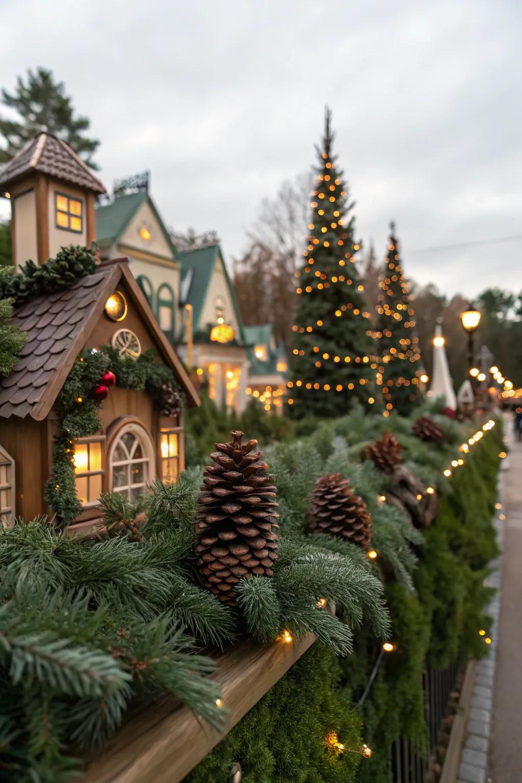 Natural components convey an earthy allure to your Christmas village.