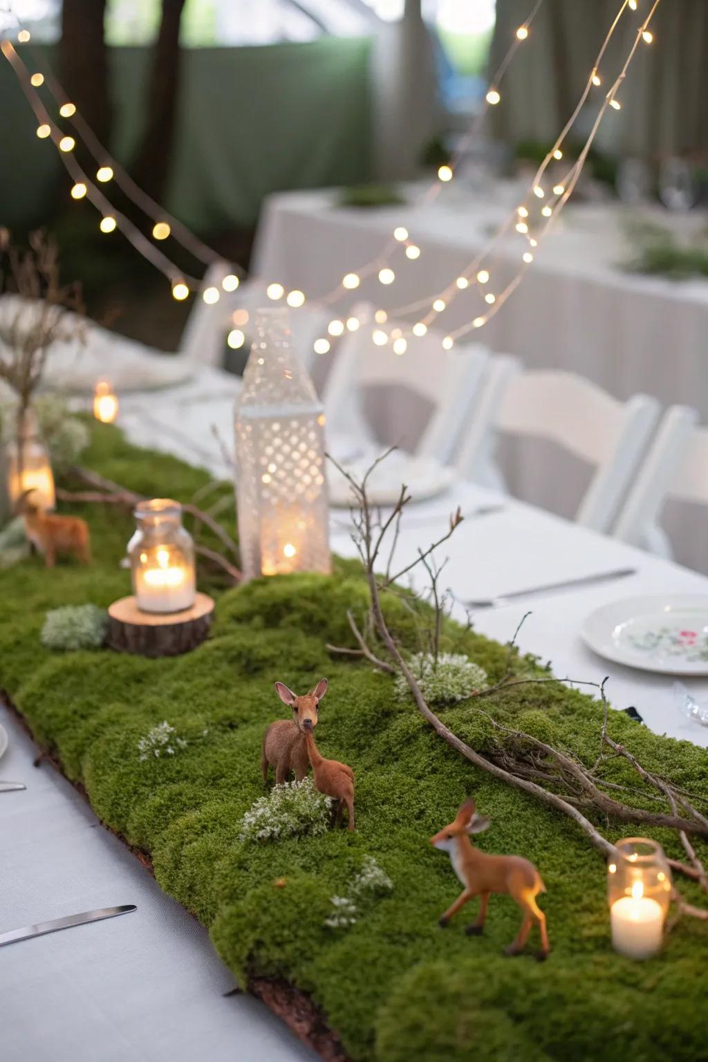 An enchanted woodland tabletop scene featuring moss and glimmering lights.