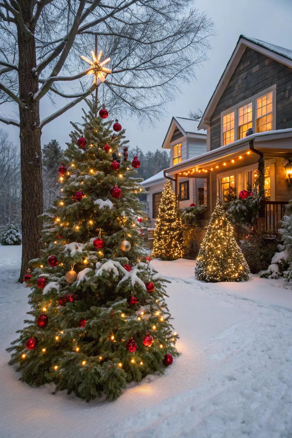 External spruces decorated with trinkets.