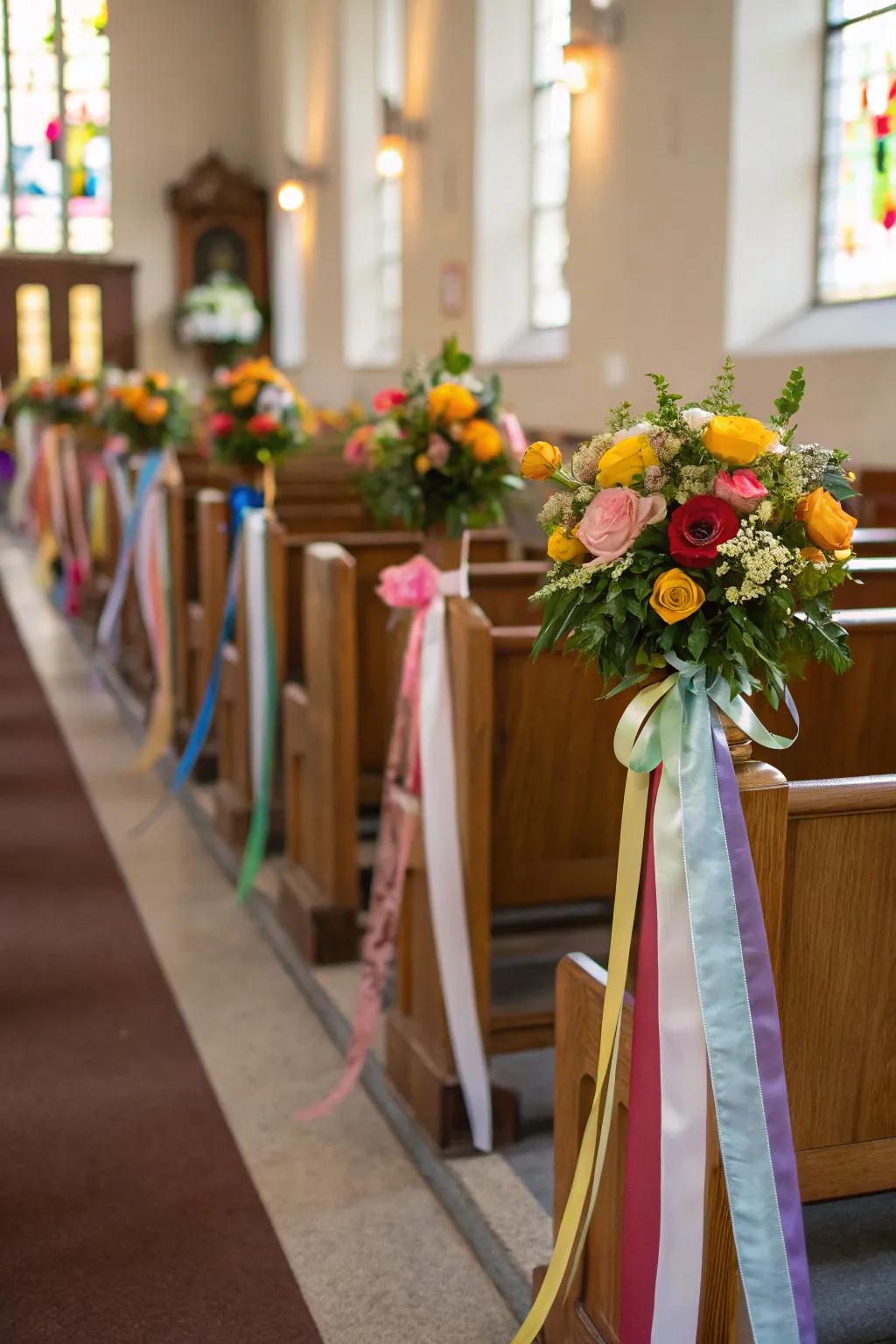 Church pews adorned with ribbons and flowers.