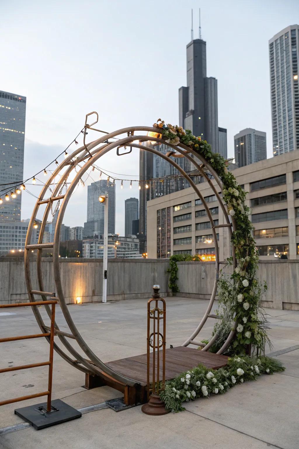 An industrial circle arch featuring a modern metal design.