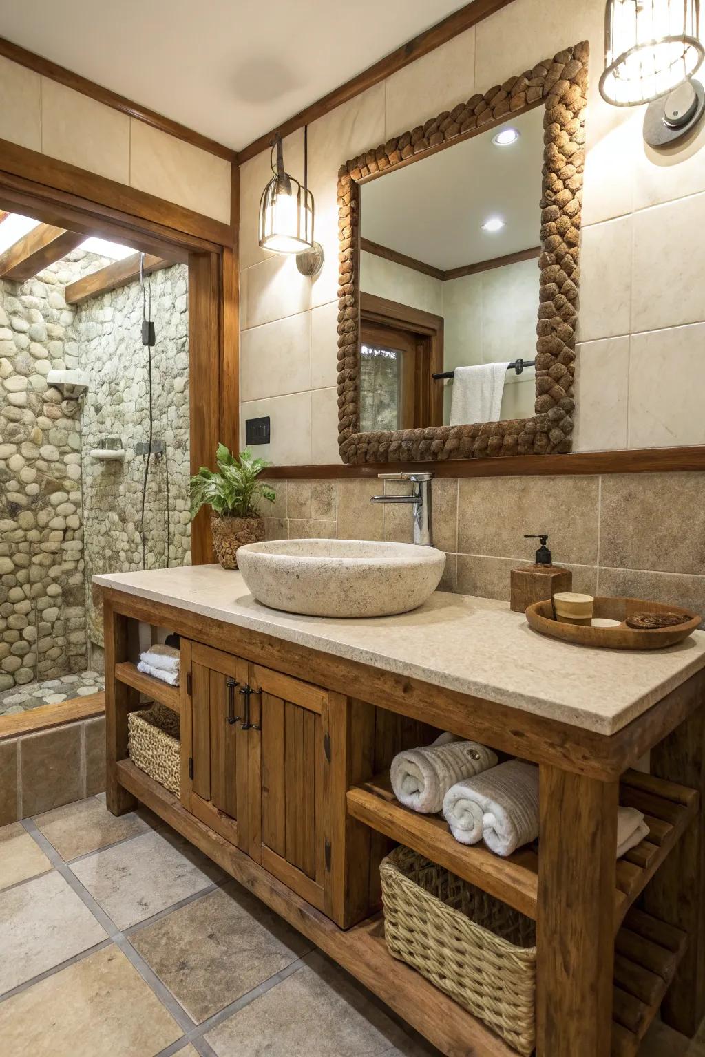 Natural materials establish a soothing atmosphere.