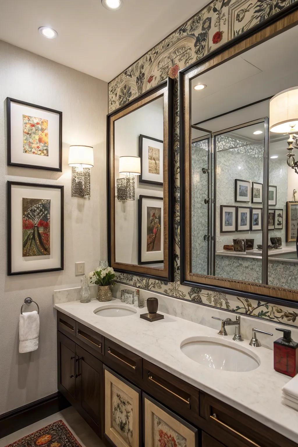A bathroom where art and mirrors combine to enhance depth and elegance.