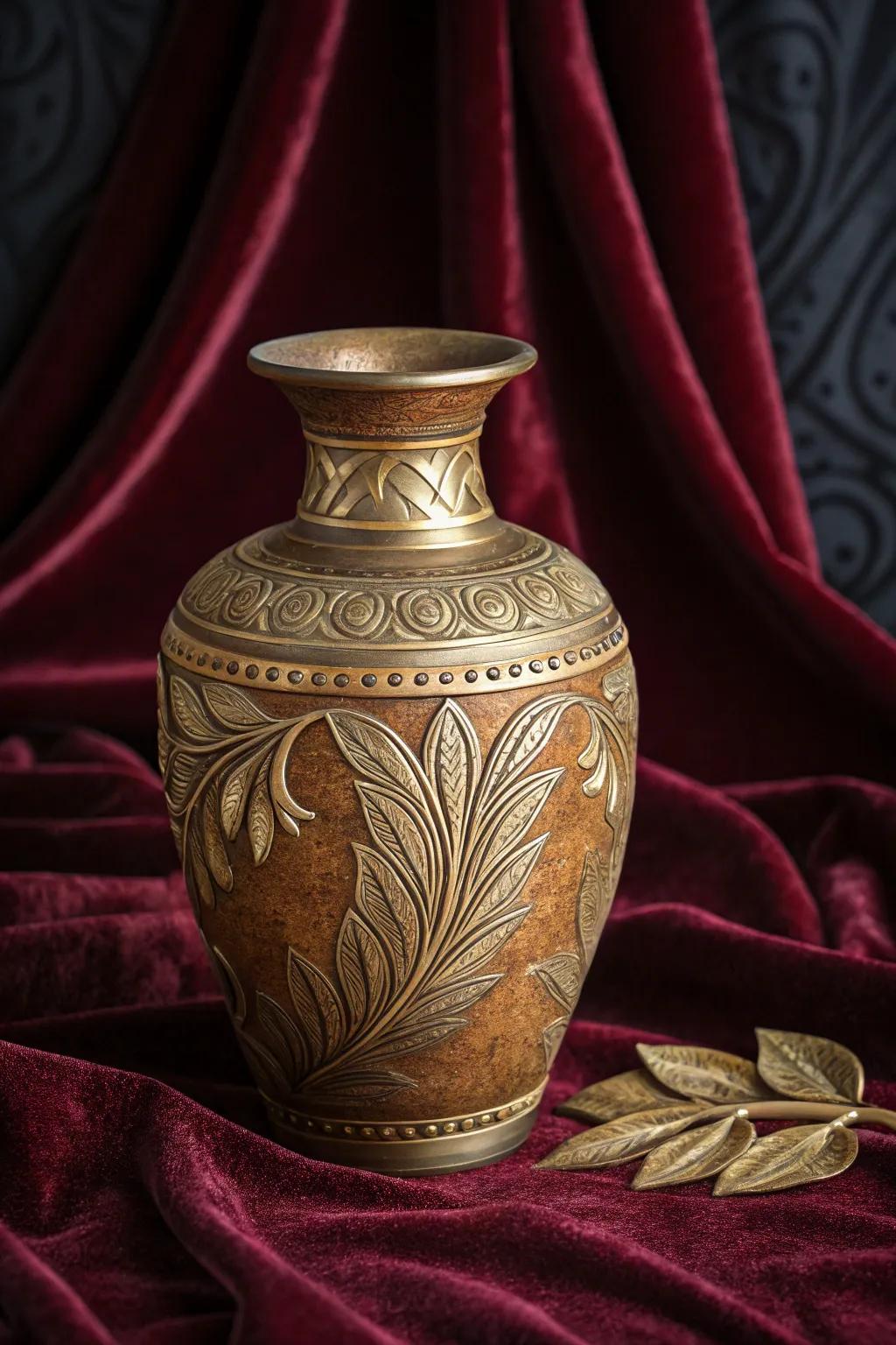 An earthenware vase with metallic accents adding a dash of shine.