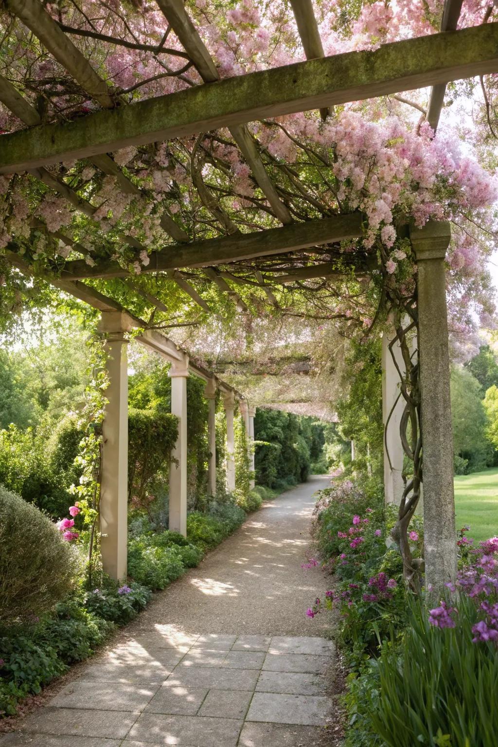 A pergola climbing support makes a grand flower covering with clematis.