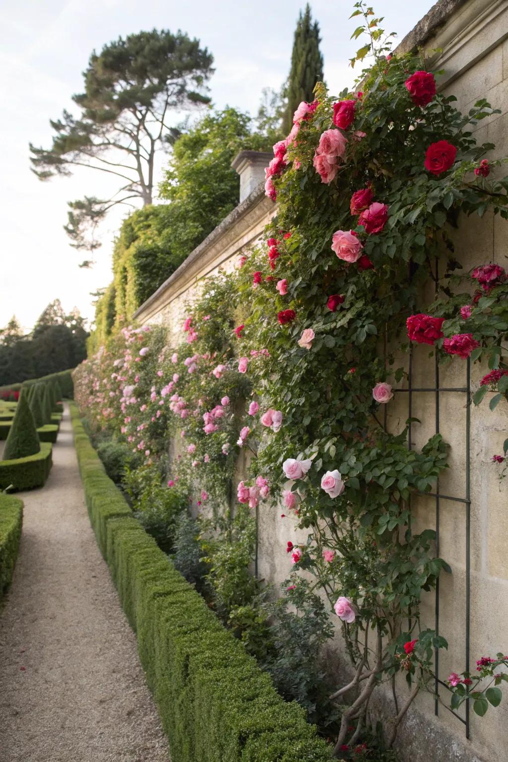 Construct a clandestine retreat with rose-blanketed garden partitions.