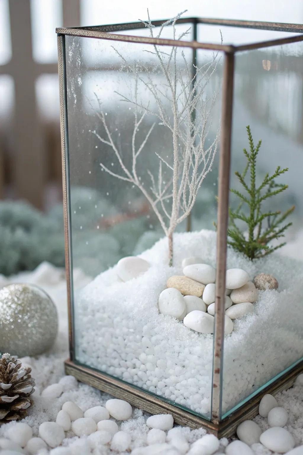An icy winter vista terrarium contributes seasonal allure.