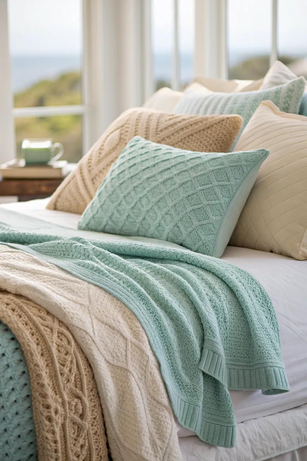 An eclectic mix of textures enriches the coastal bedding experience.