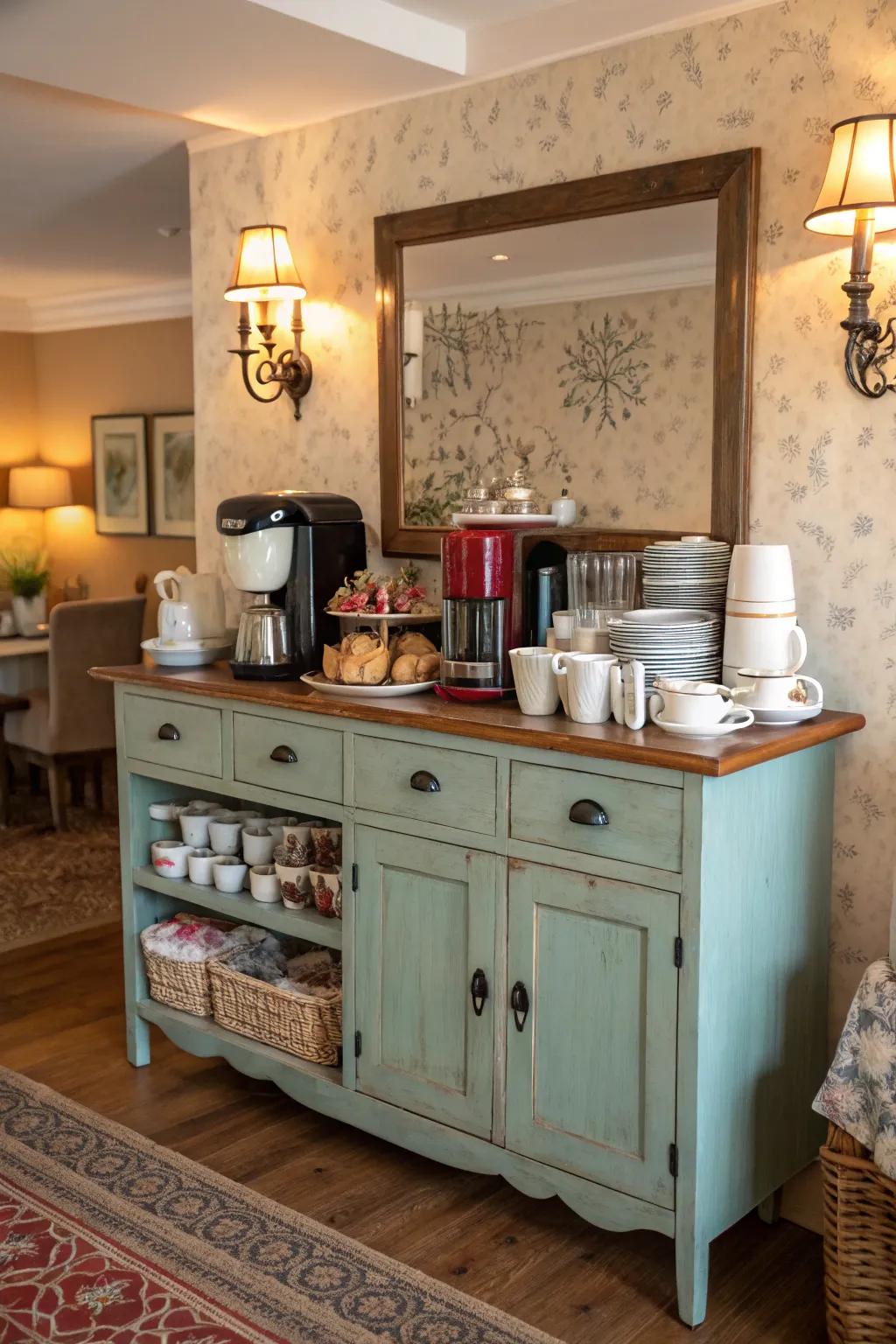 Reclaimed old furniture adds character and charm to your coffee and tea station.