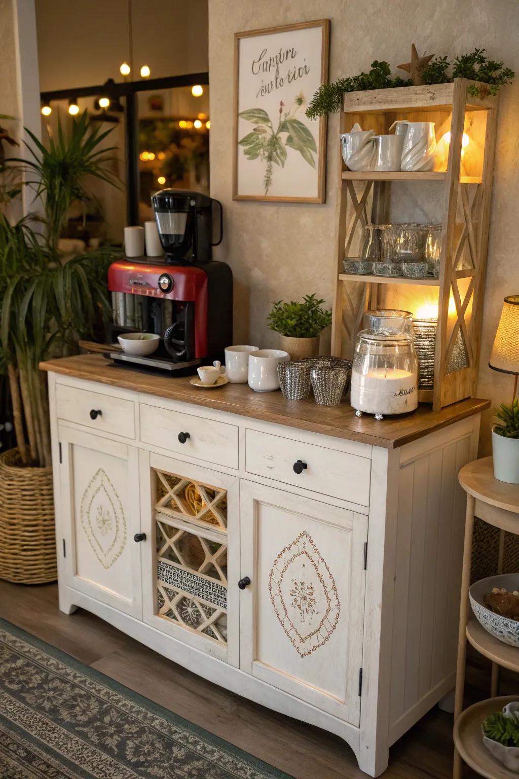 A vintage stand beautifully changed into a coffee bar.