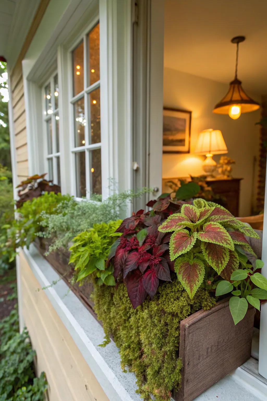 A snug nook with Painted Nettle and moss offers a serene escape.