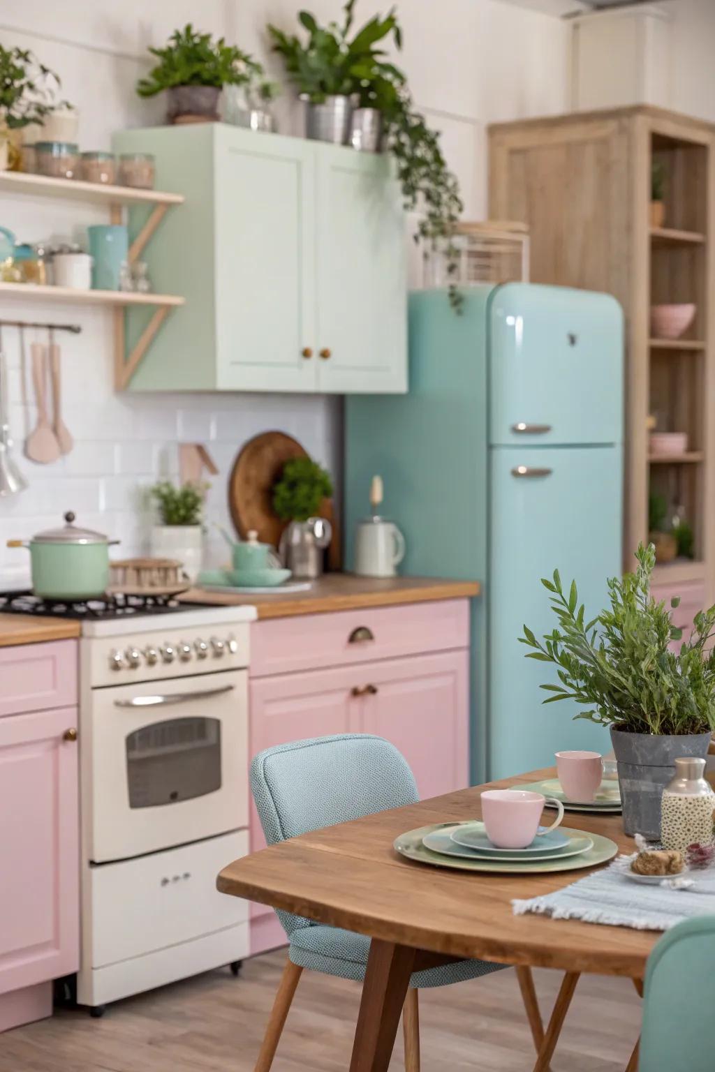 Pastel hues fashion a calming and lively cooking space atmosphere.