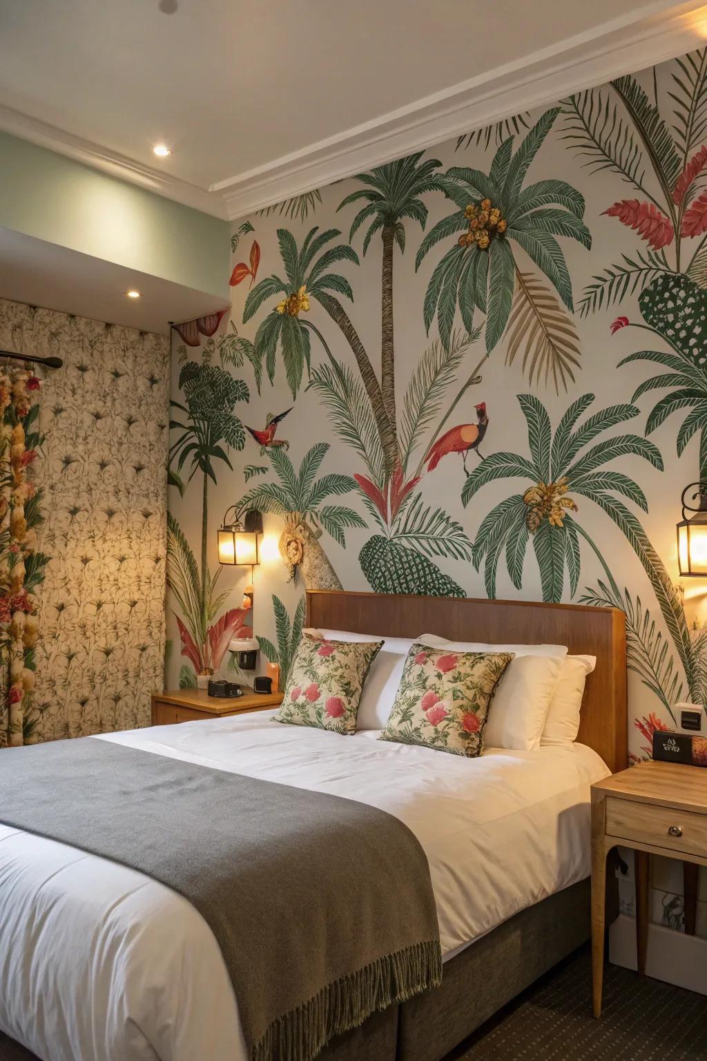 Distinctive wall coverings add color and texture to this bedroom.