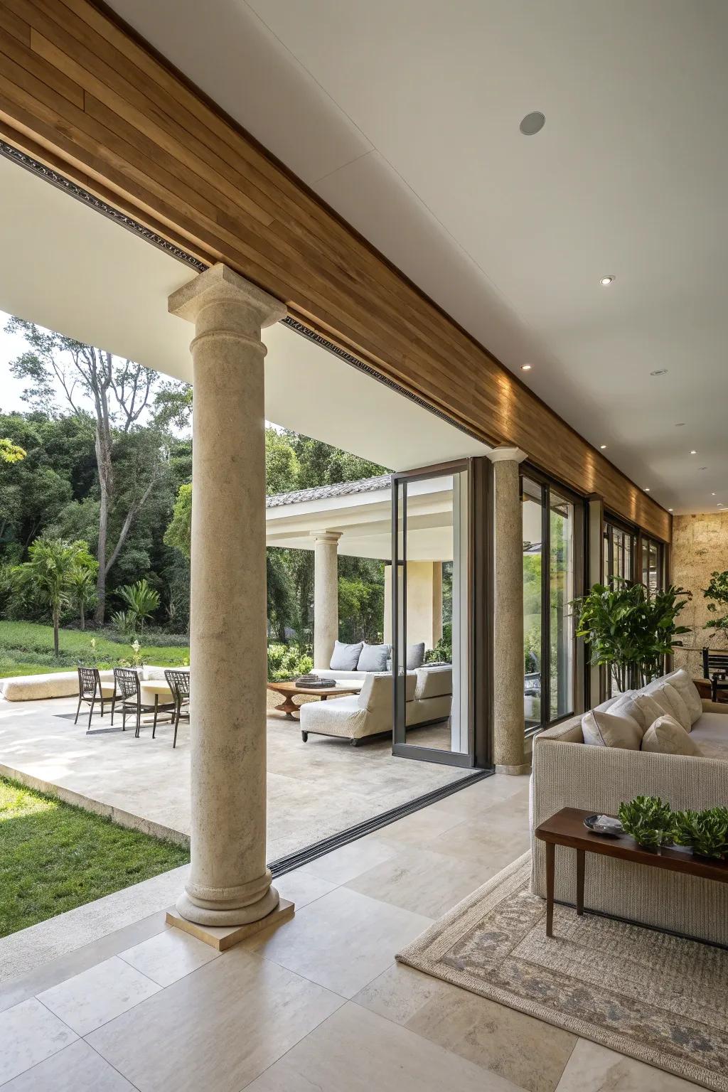 Integrated columns create a smooth flow between indoor and outdoor areas.