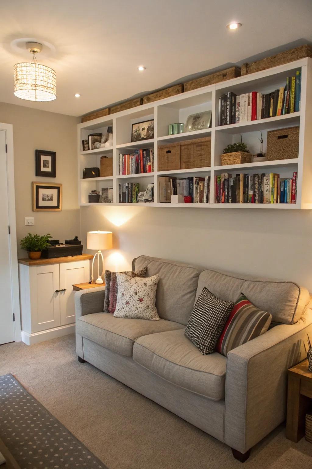 Vertical storage that complements a small living room sofa.