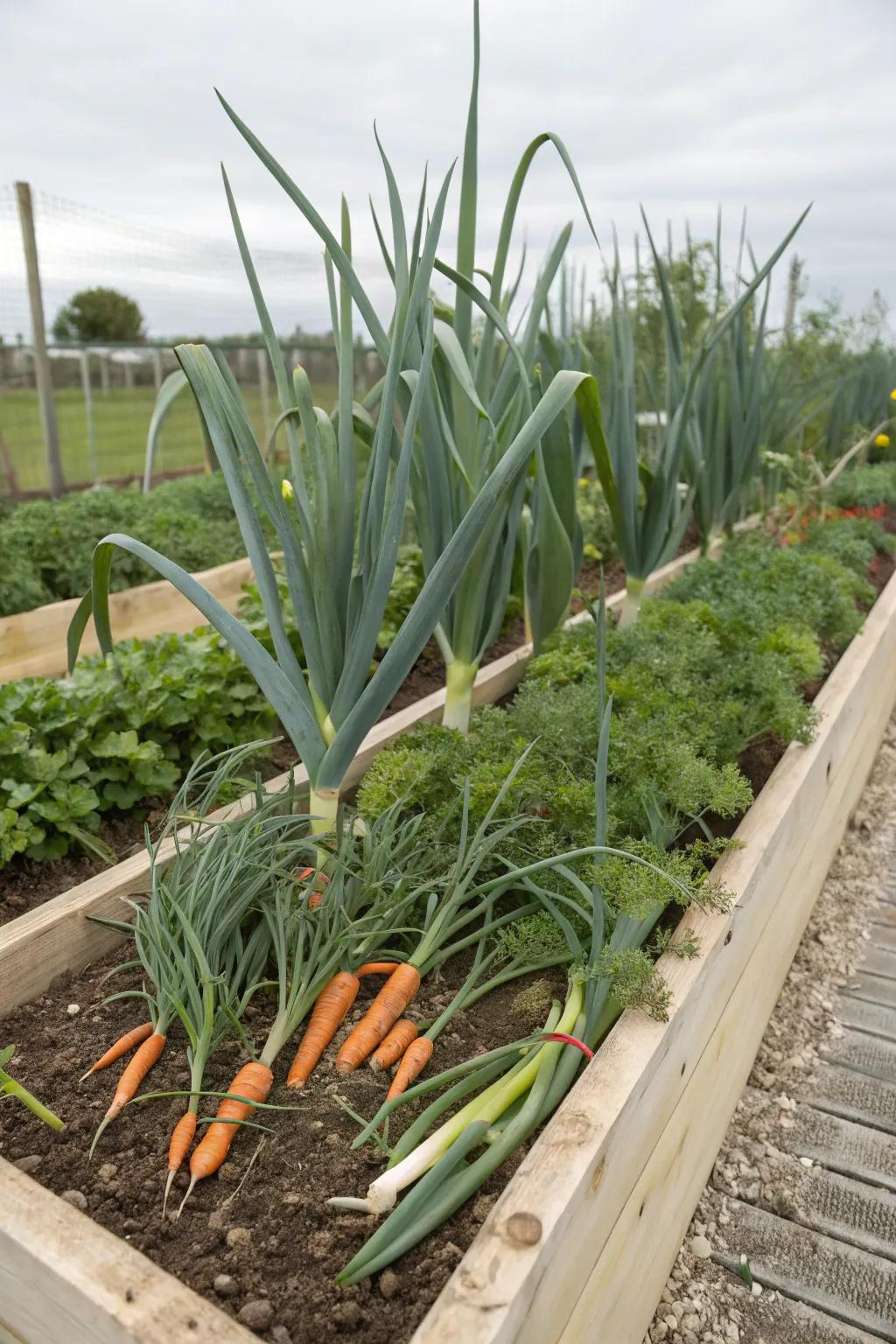 Long greens and root vegetables, a collaboration that improves garden well-being.