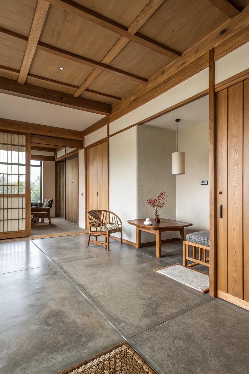 Soil-hued concrete flooring adding warmth to a minimalist space.