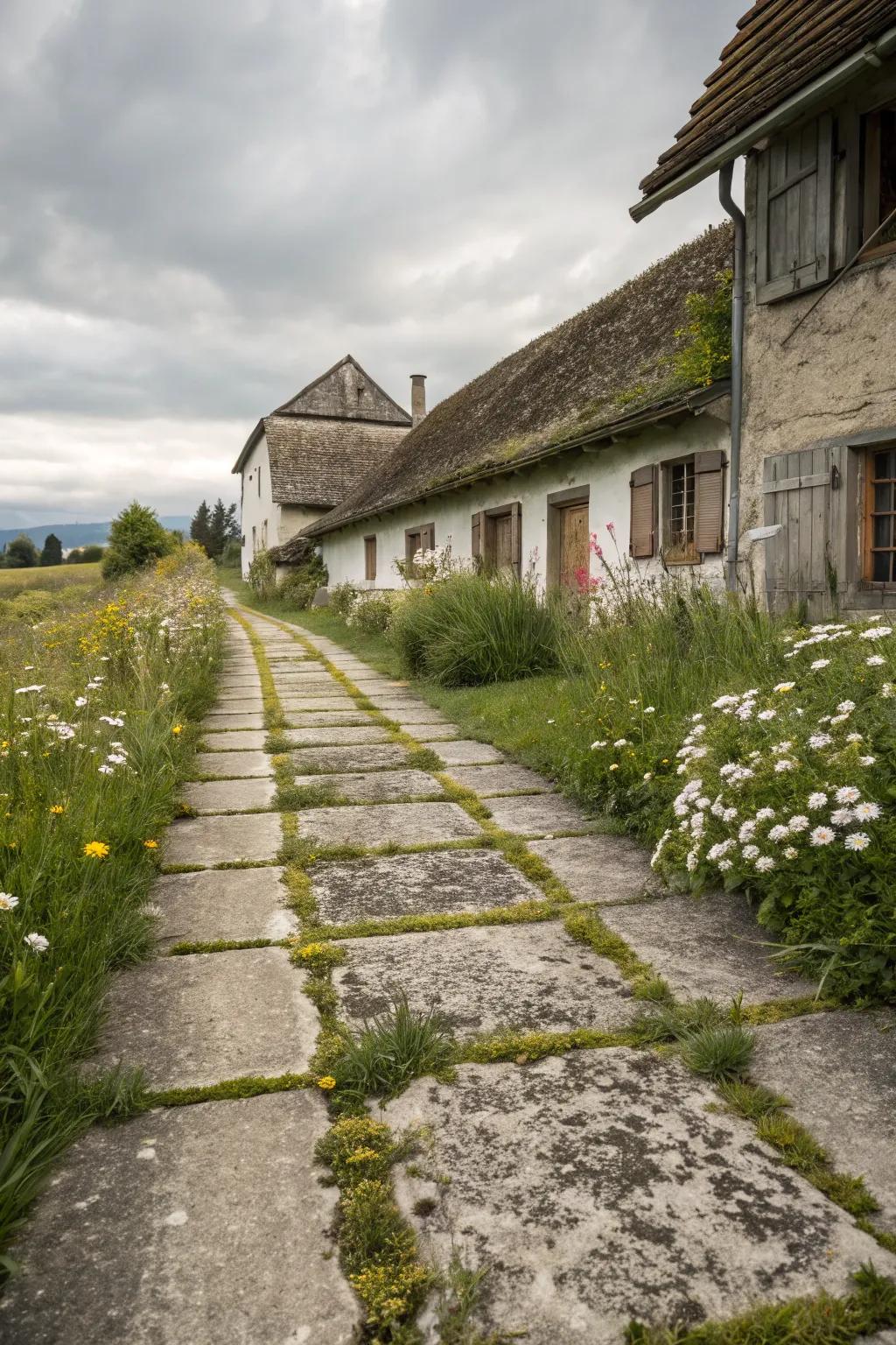 Limewash concrete walkways bring vintage charm to your home.