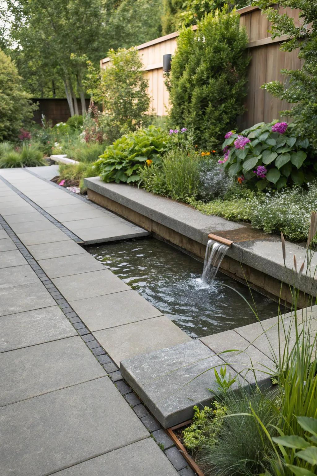 Water features impart a serene quality to patio borders.