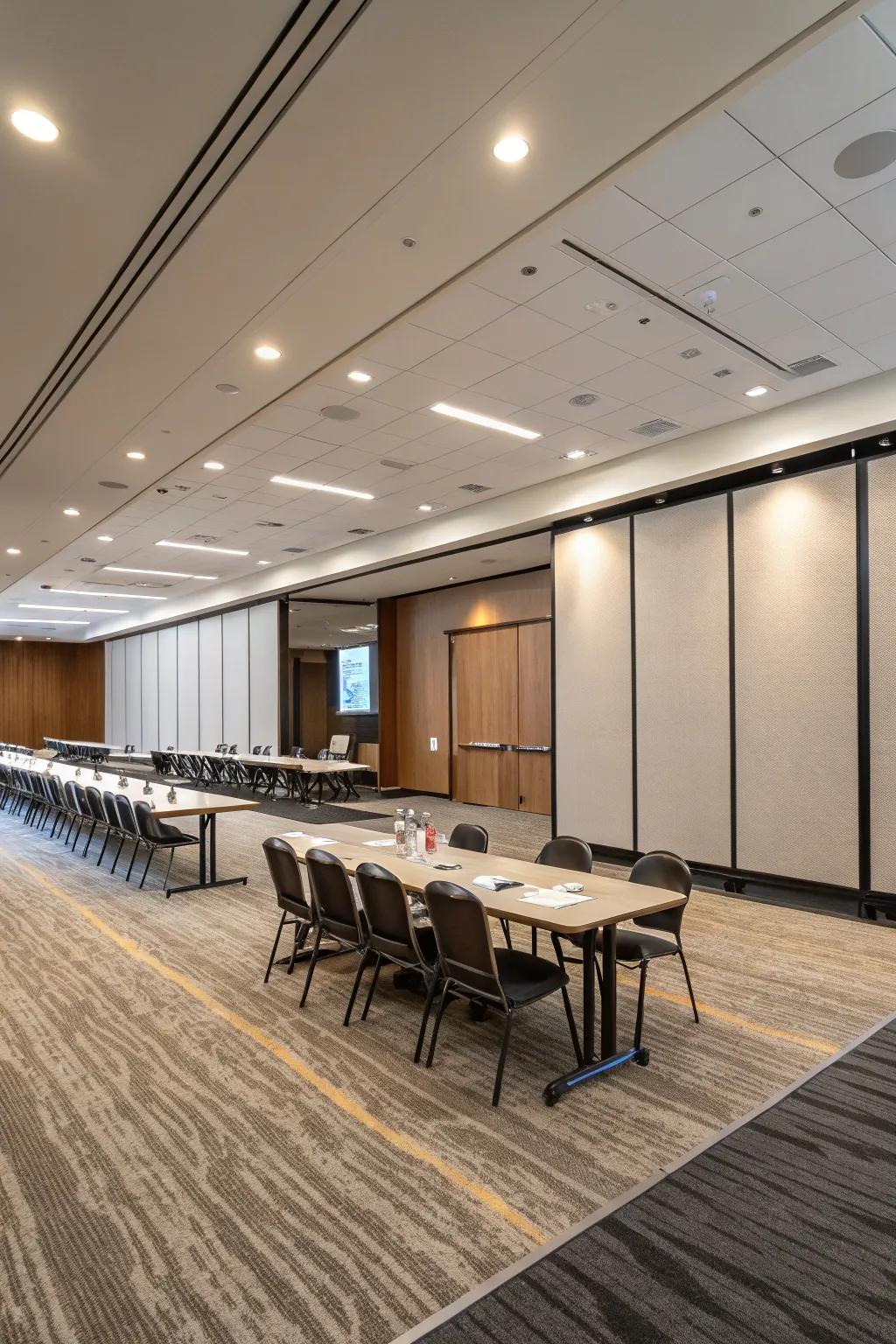 Movable walls provide flexibility for various meeting needs.