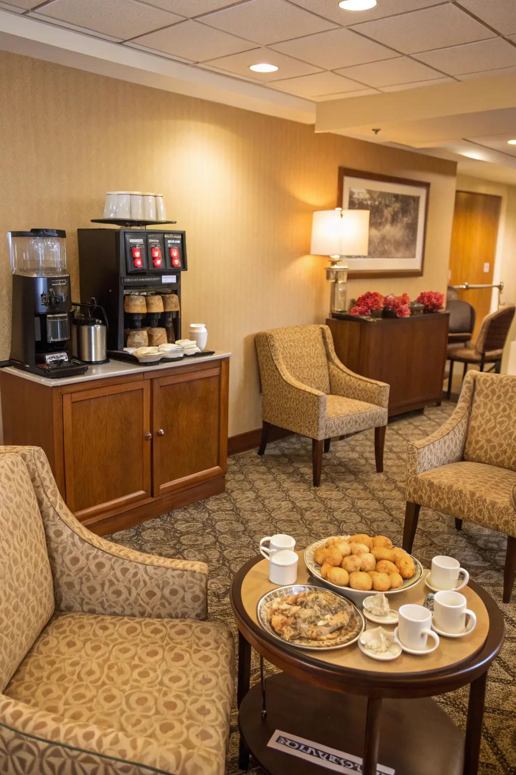 A coffee corner adds warmth and hospitality to the space.