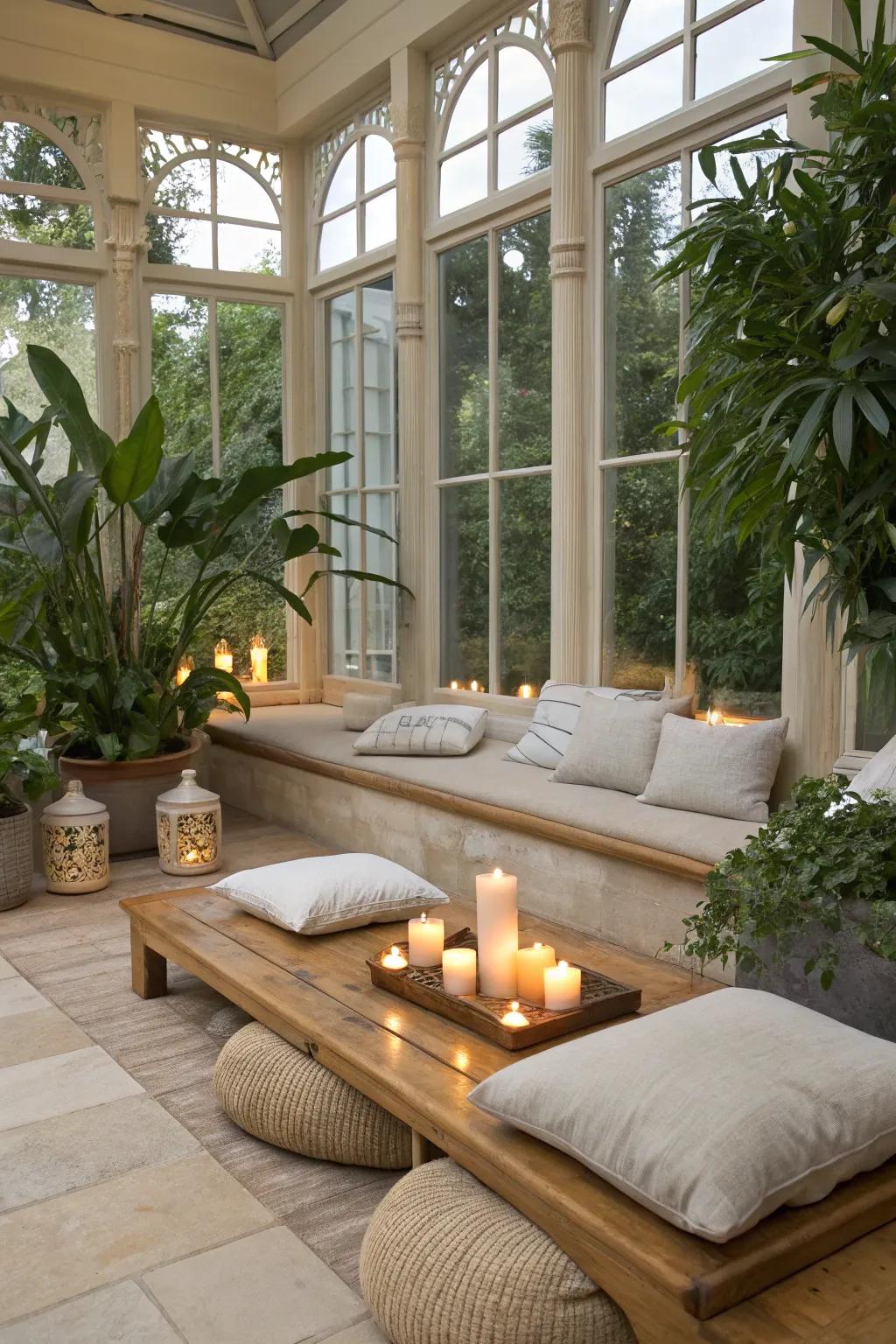 A tranquil reflection zone in a sunroom.