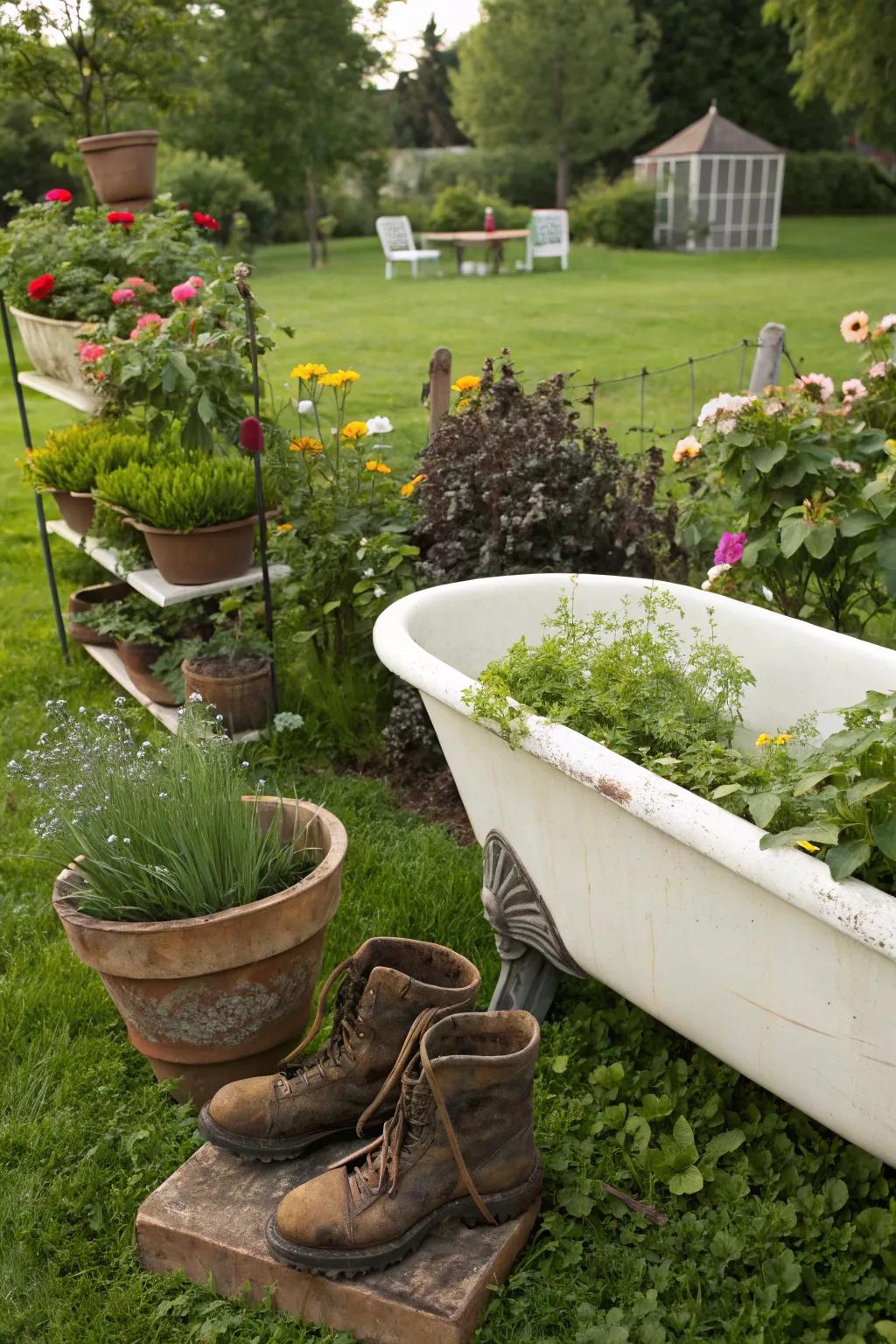 Whimsical garden using repurposed items as containers.
