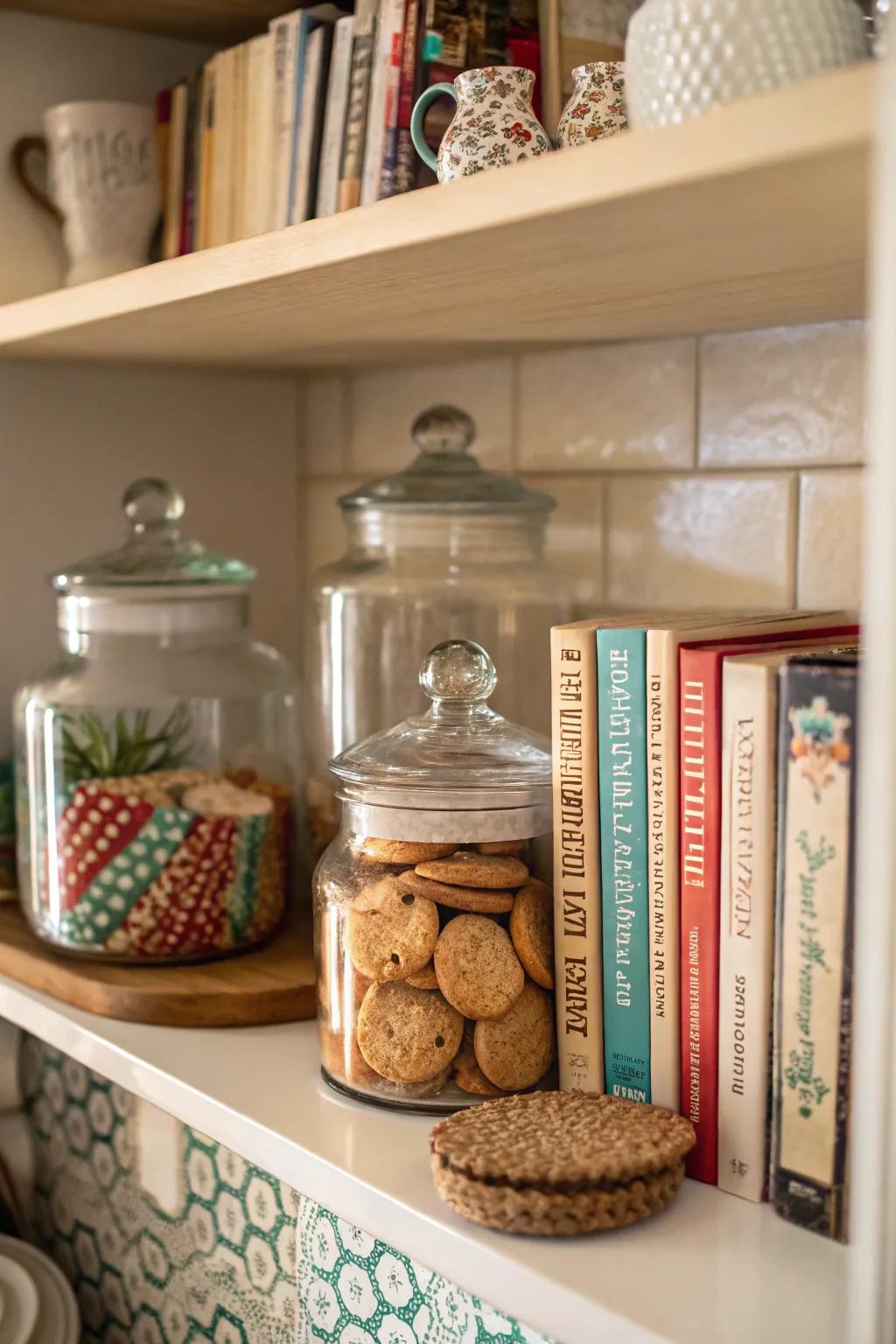 Compendiums and biscuits: a snug culinary space amalgamation.