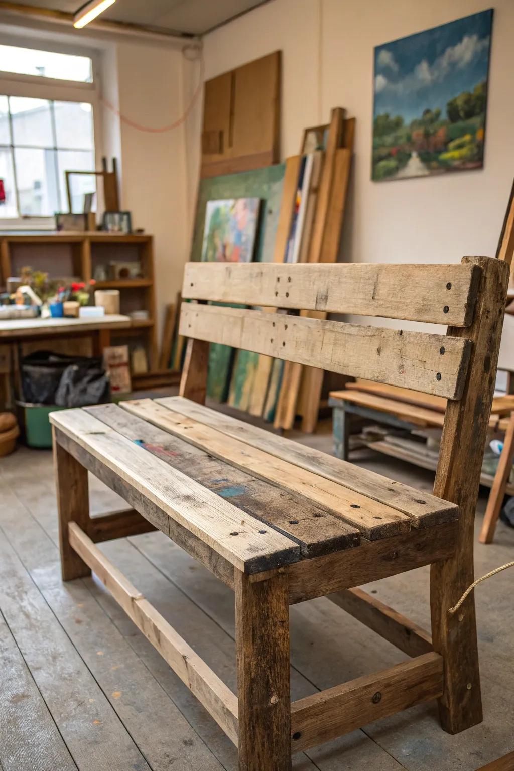 A sustainable bench crafted from reclaimed materials.
